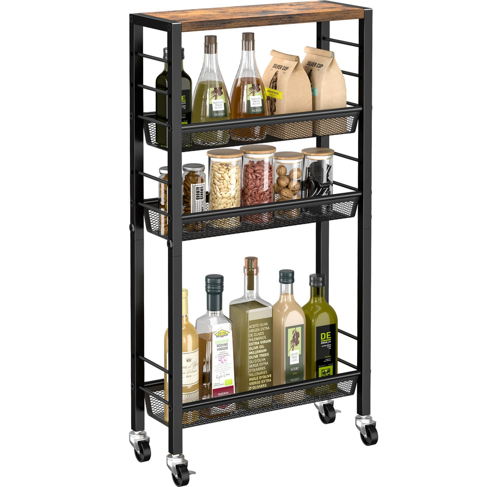 Vantimo Slim Rolling Cart with woodtop for organized spices and pantry items