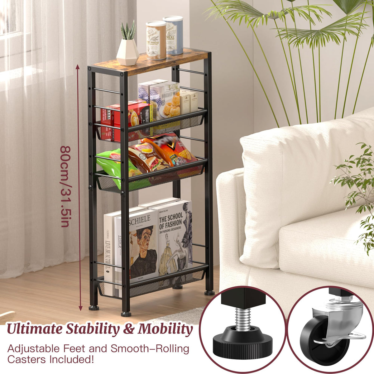 Vantimo Slim Rolling Cart living room storage for snacks and magazines