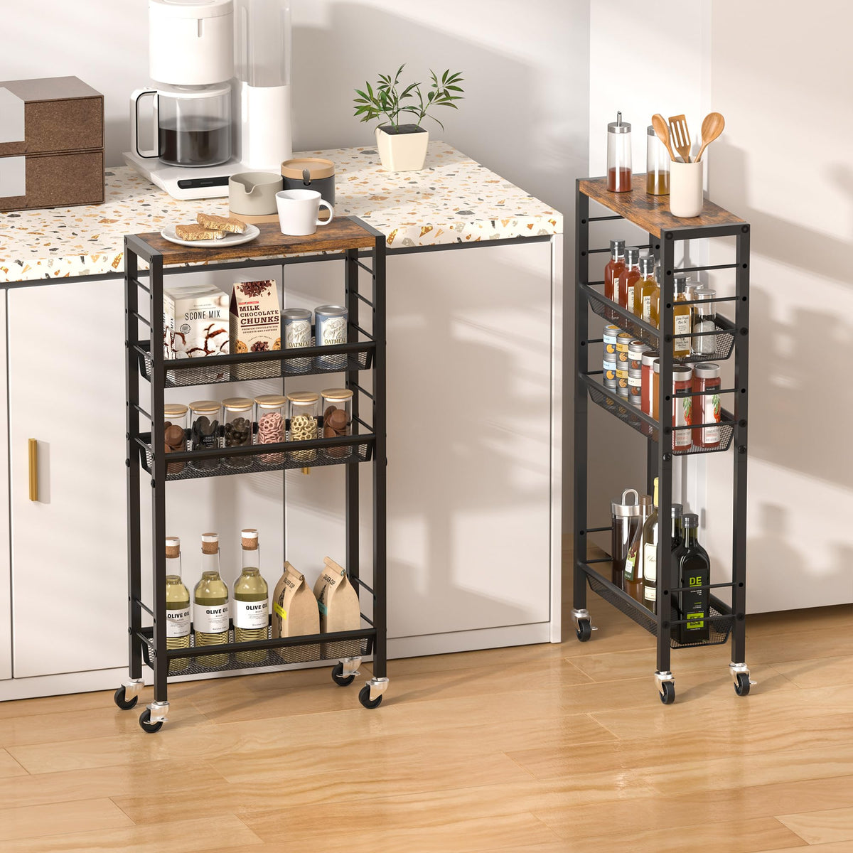 Vantimo Slim Rolling Cart fits between counters to maximize tight spaces