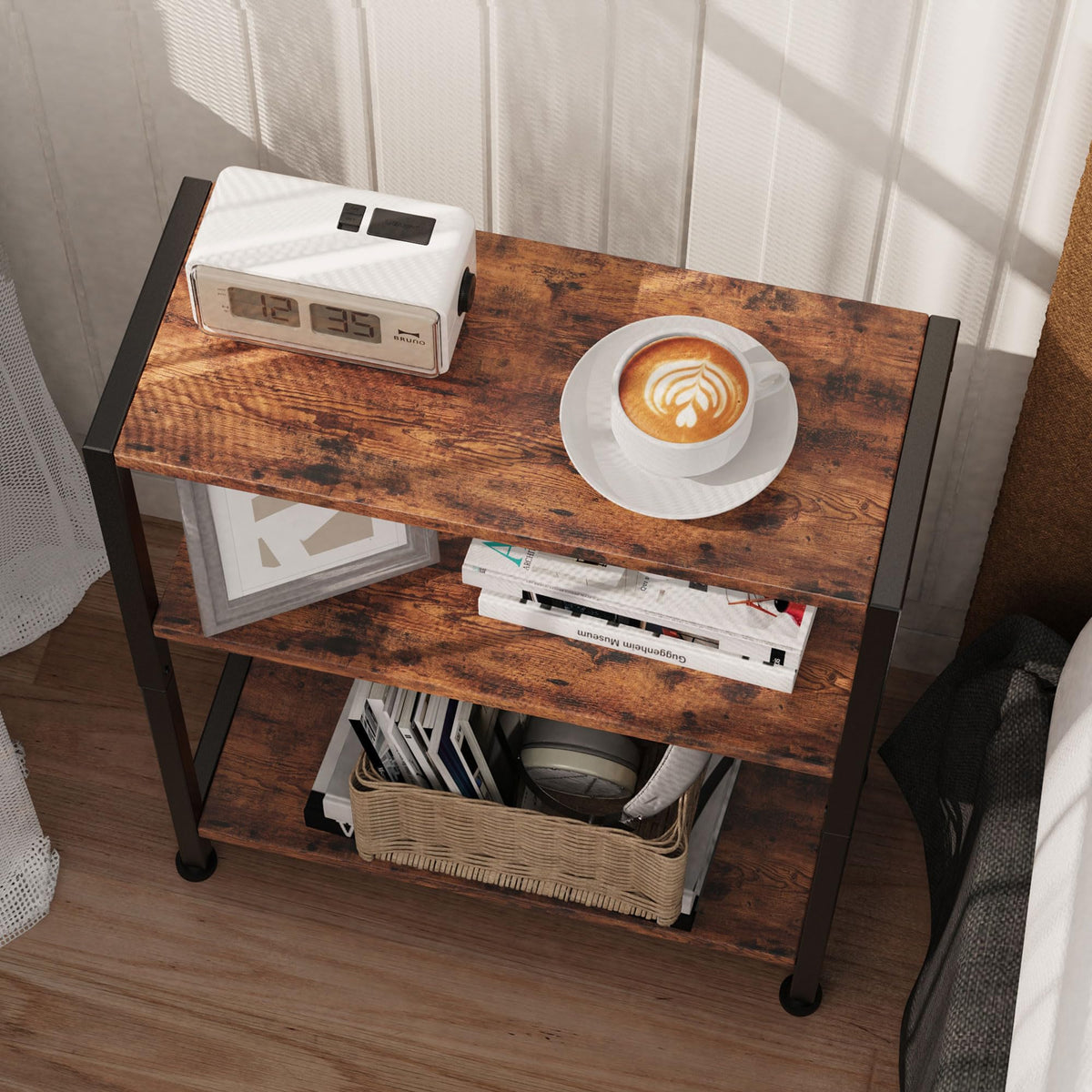 Vantimo three-layer storage frame provides organized display for books and decor.