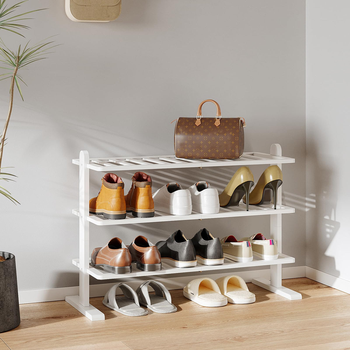 Varhomax white bamboo shoe rack close-up shows smooth finish and durability.