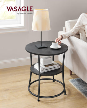 VASAGLE two-shelf round table close-up showing sturdy steel frame and finishes.
