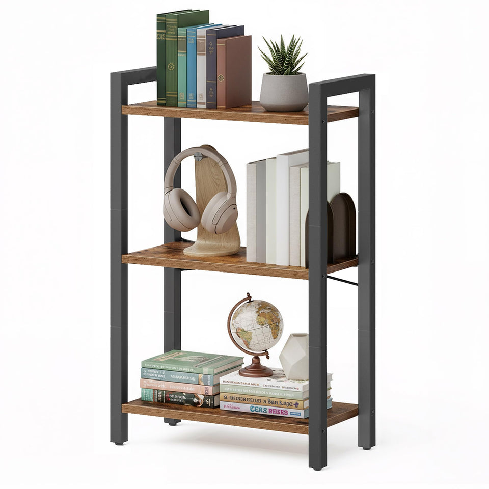 VASAGLE 3-tier bookshelf, side view, sturdy steel frame supports organized living spaces.