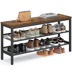 VASAGLE 3-tier shoe rack bench, front view, rustic brown and matte black, organized entryway display