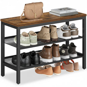 VASAGLE 3-tier shoe rack bench front view with rustic brown finish for organized entryways