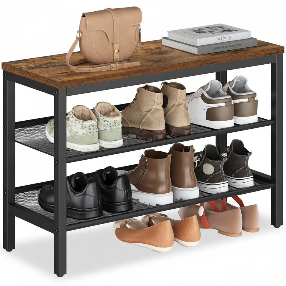 VASAGLE 3-tier shoe rack bench front view with rustic brown finish for organized entryways