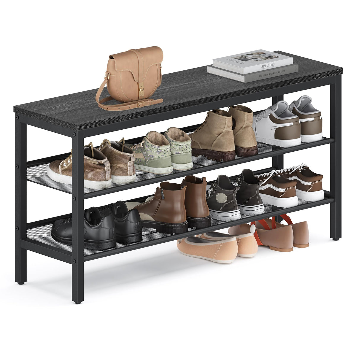 VASAGLE 3-Tier Shoe Rack Bench front view highlights industrial design and organized entryway storage.