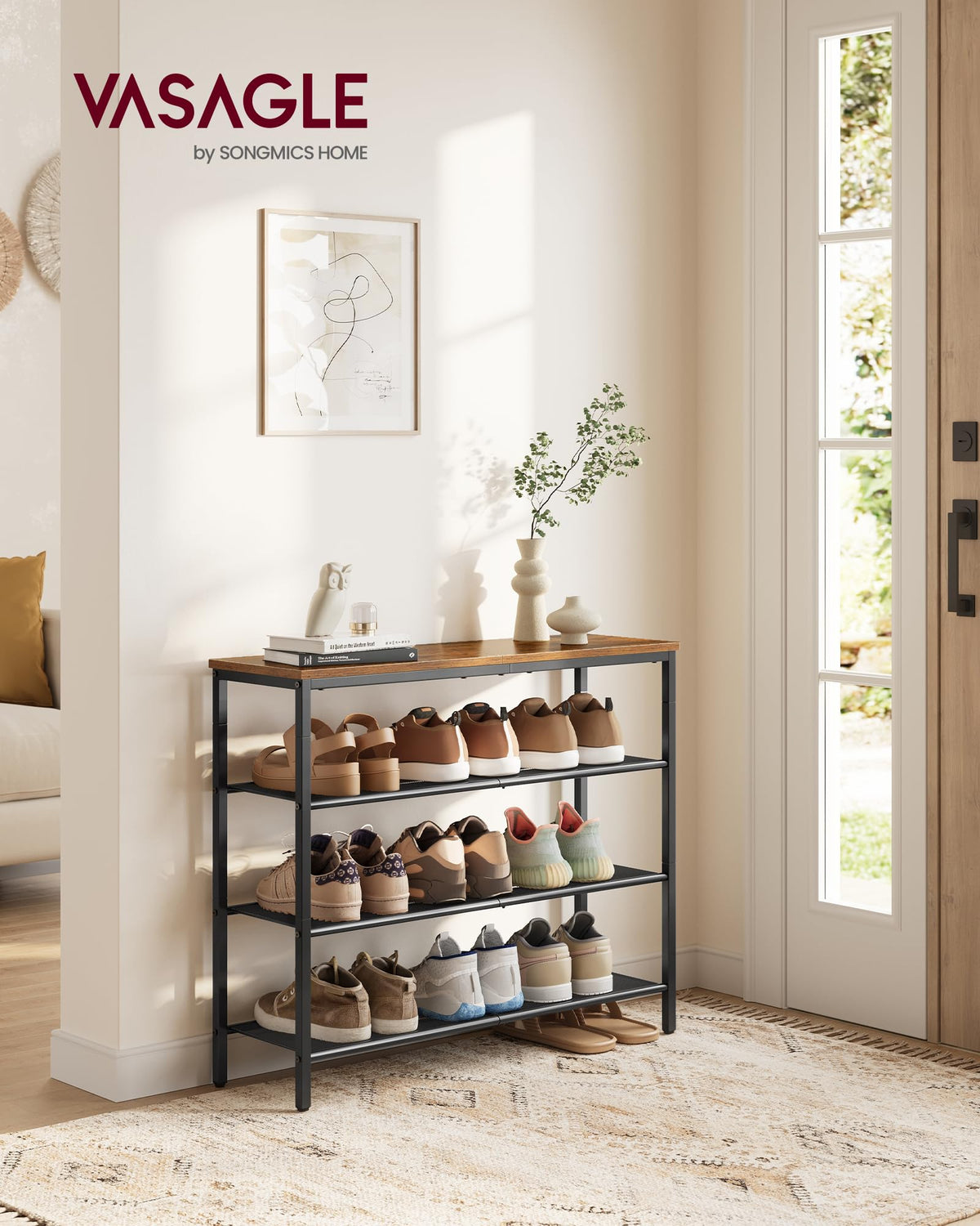 VASAGLE 4-tier shoe rack side view highlighting tall, space-saving design.