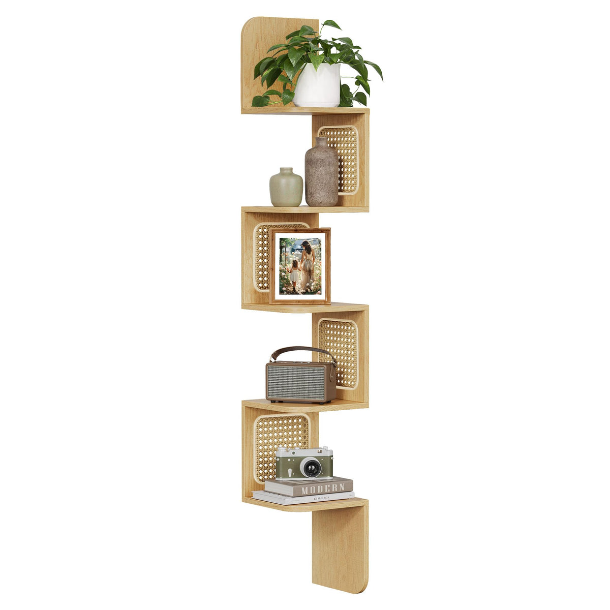 VASAGLE 5-tier corner shelf boho oak beige finish for space-saving display