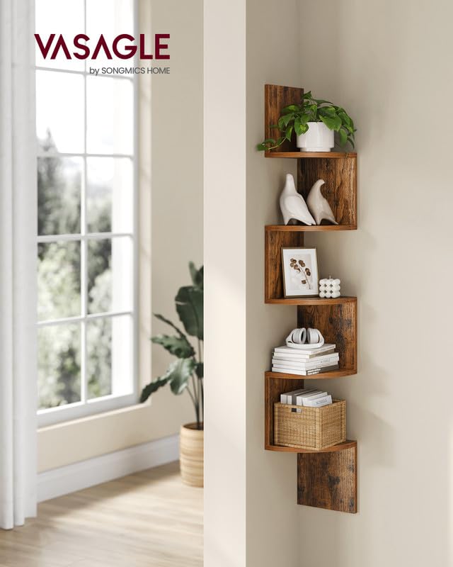 VASAGLE 5-tier floating shelf elevates books and décor on a wall.