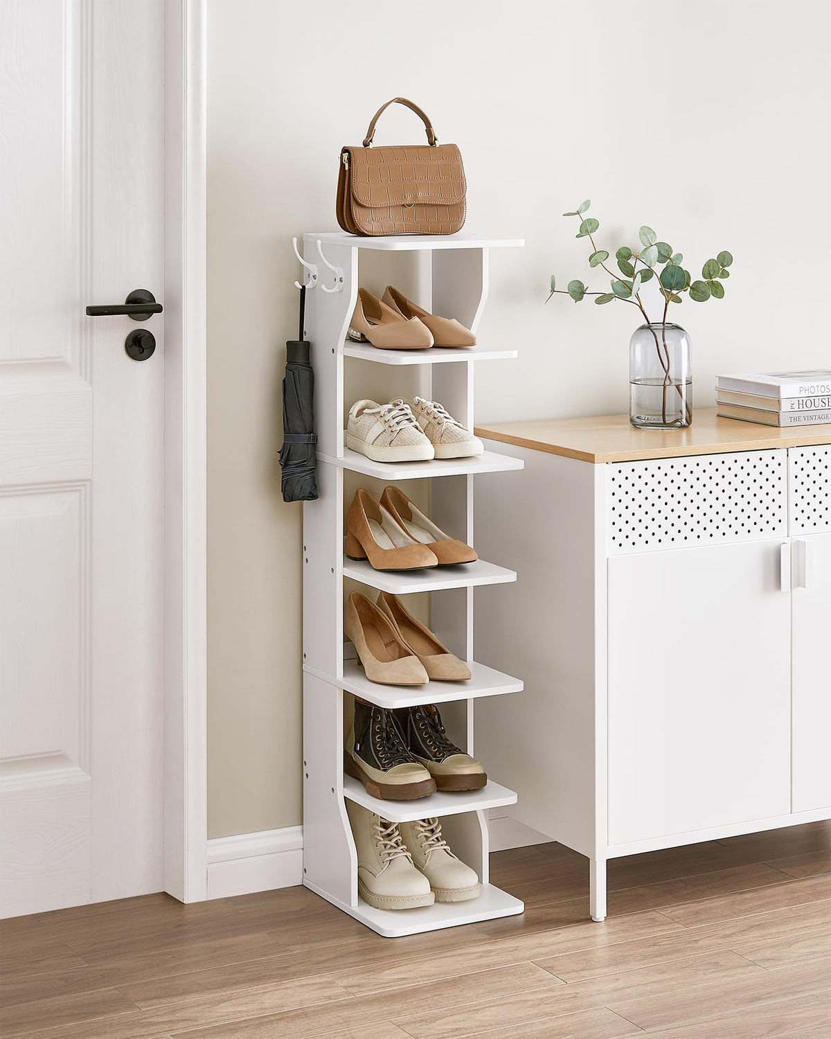 VASAGLE shoe rack side view with hooks and left/right installation options.