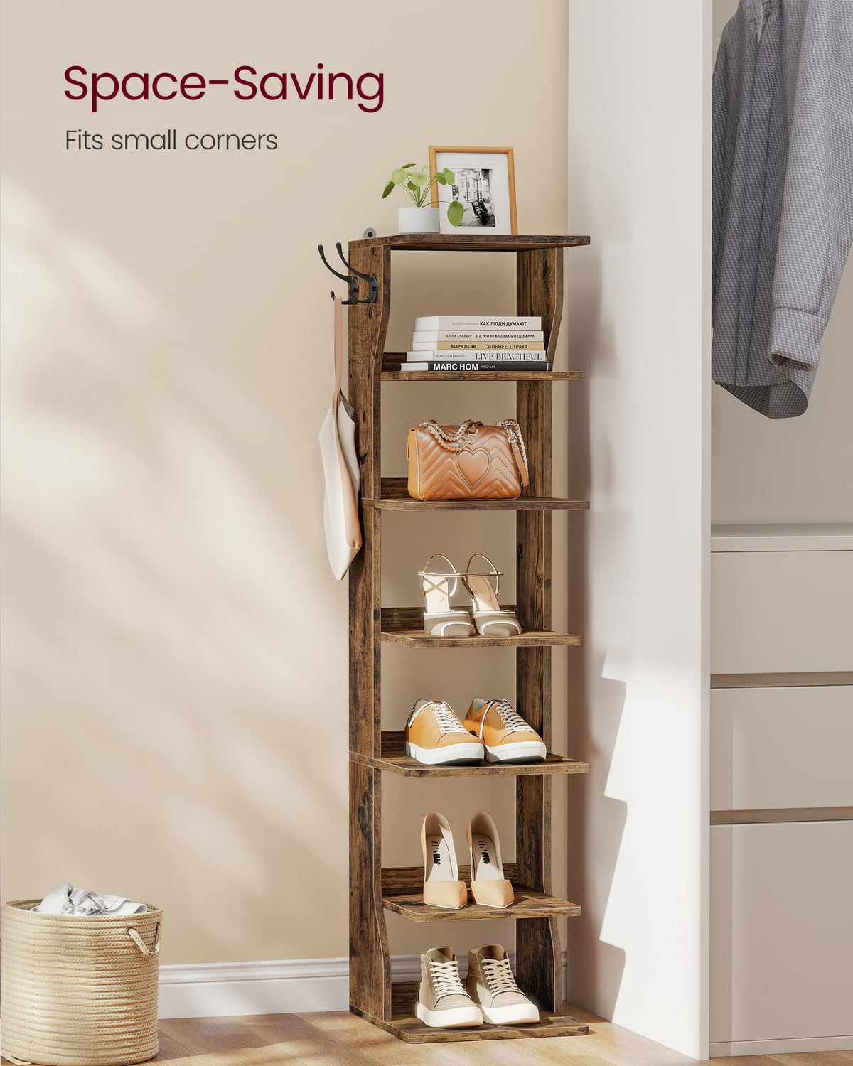 VASAGLE vertical rack demonstrates tall-shoes-capacity on each shelf