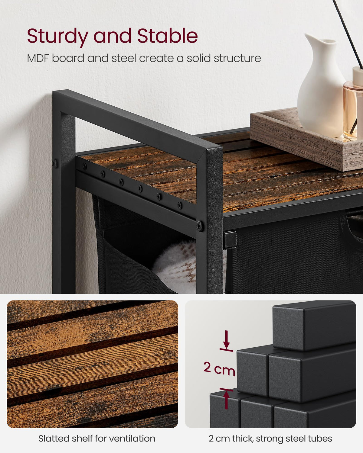 VASAGLE adjustable feet keep the unit level on uneven floors