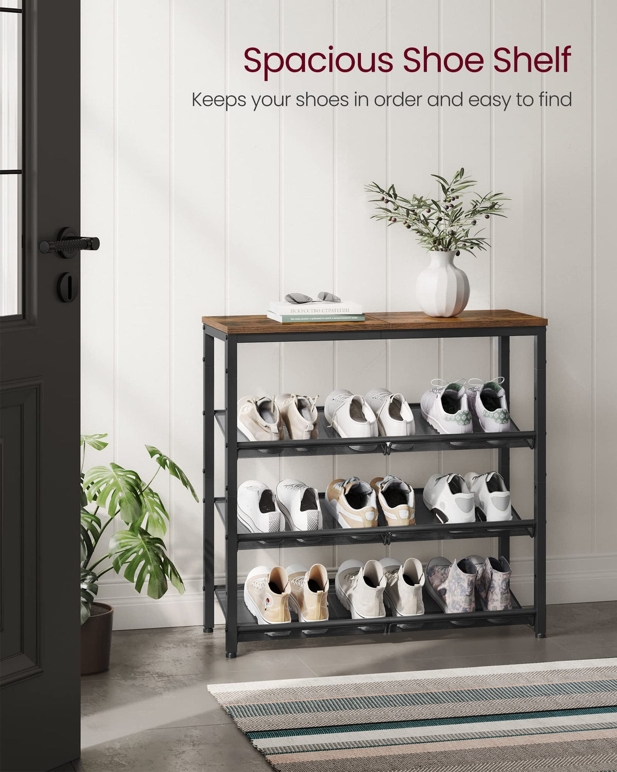 VASAGLE adjustable shelves show screw-hole options for flat or angled storage