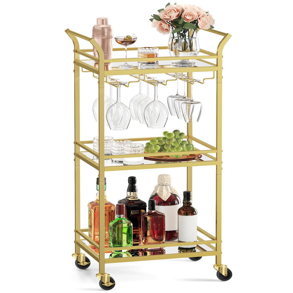 VASAGLE Bar Cart with mirrored shelves reflecting glassware for elegant display.