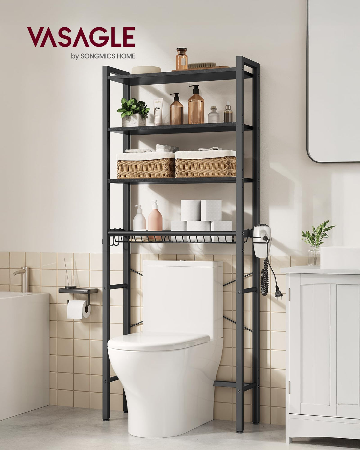 VASAGLE Barnet adjustable shelves provide flexible space for bottles and devices.