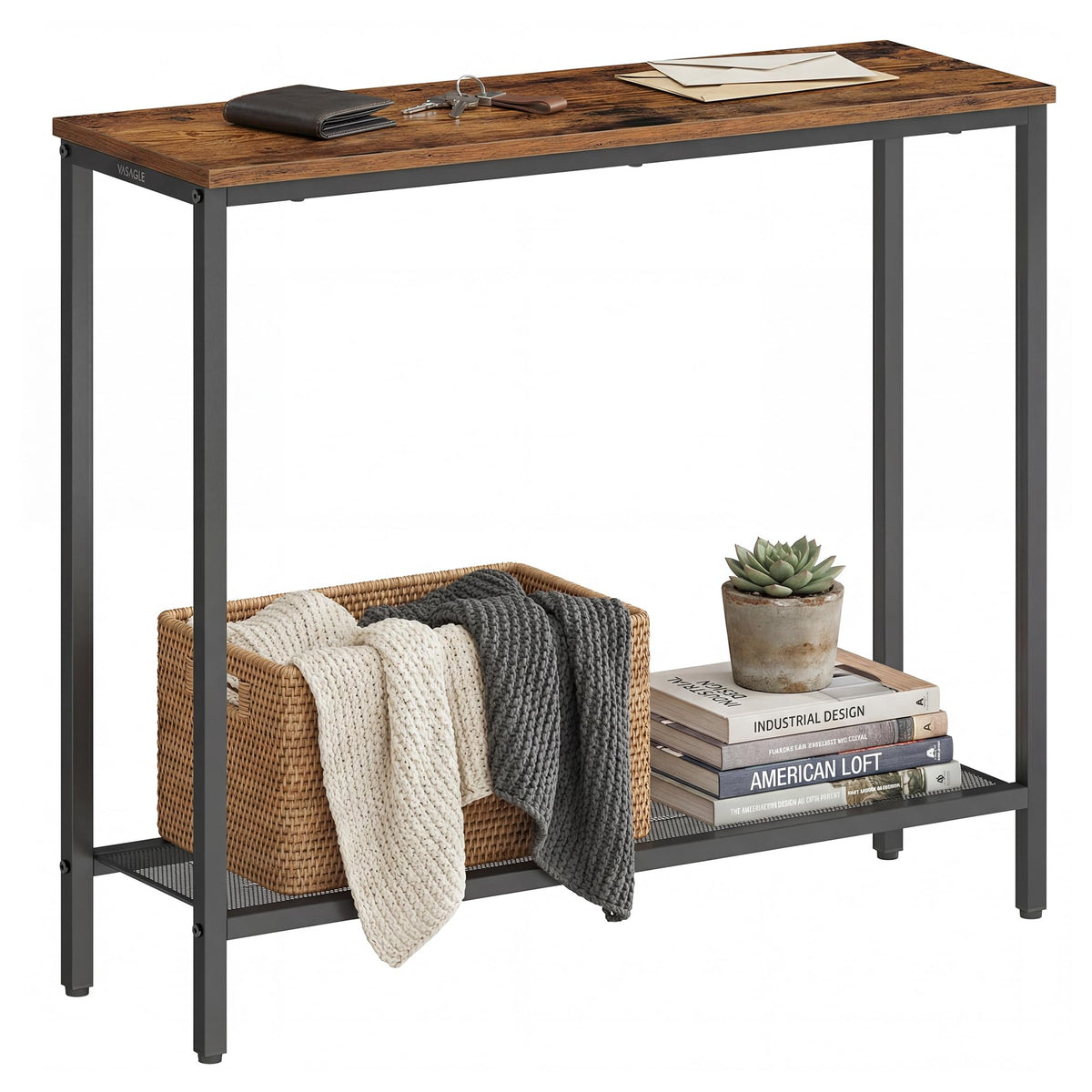 VASAGLE BARNET console front view reveals slim profile ideal for tight spaces.