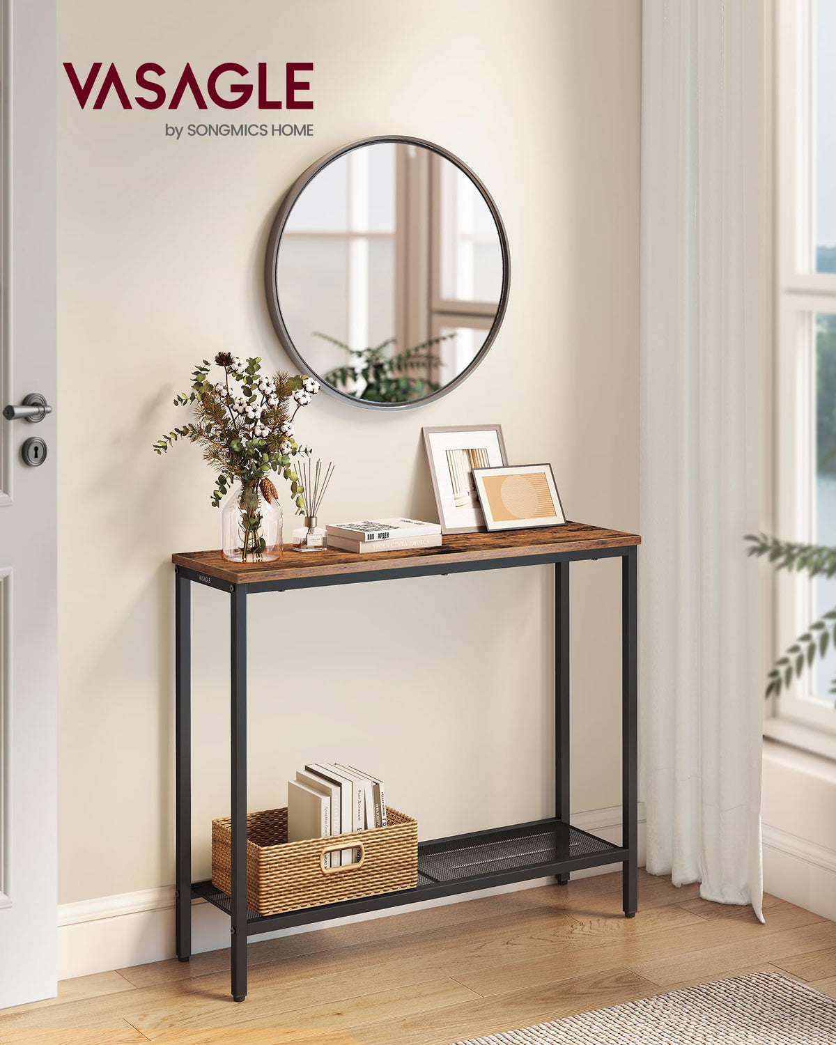 VASAGLE BARNET console side view highlights sturdy steel frame and compact footprint.