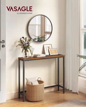 VASAGLE BARNET console table side view shows steel frame and stable base.