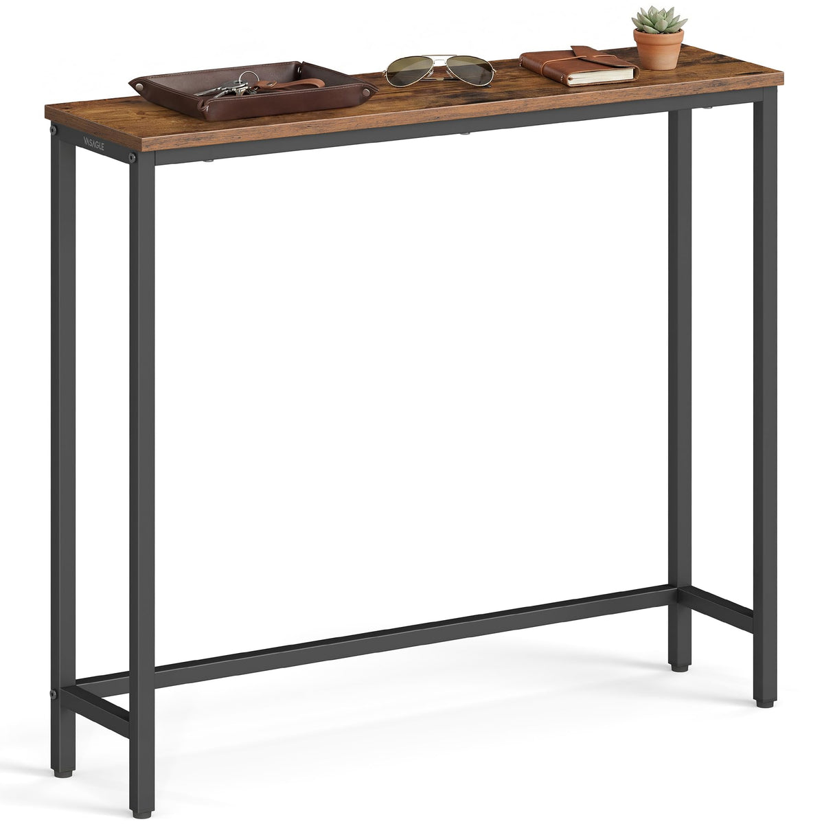 VASAGLE BARNET console table top view with slim profile and rustic panels.