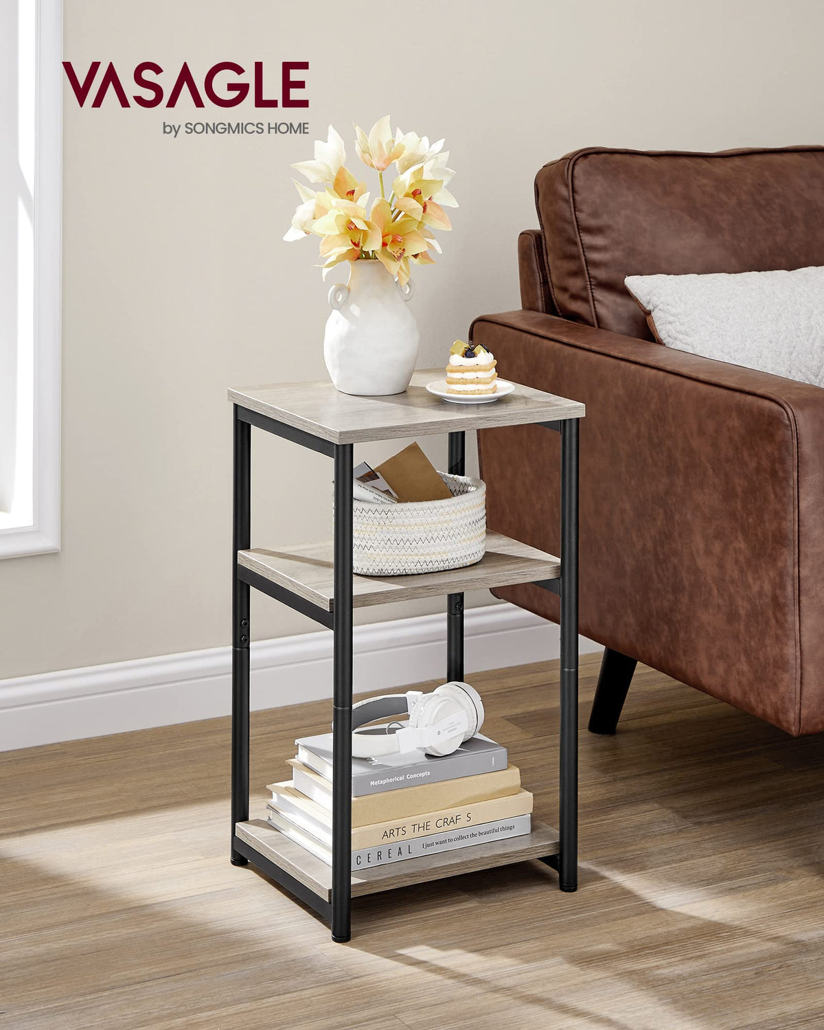 VASAGLE Barnet end table with storage tiers for easy remote organization.