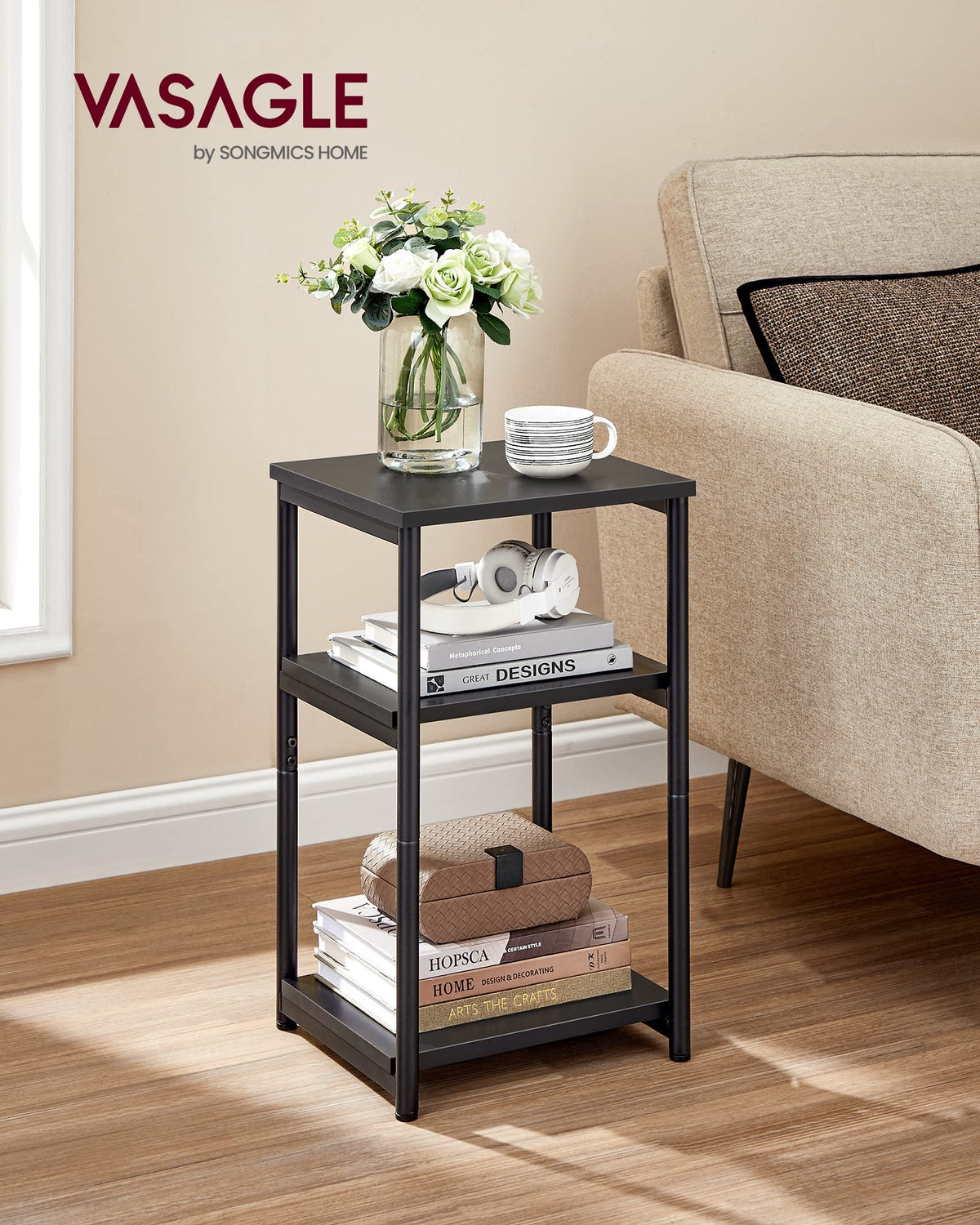 VASAGLE Barnet end table with three-tier storage keeps drinks, remotes, and decor organized