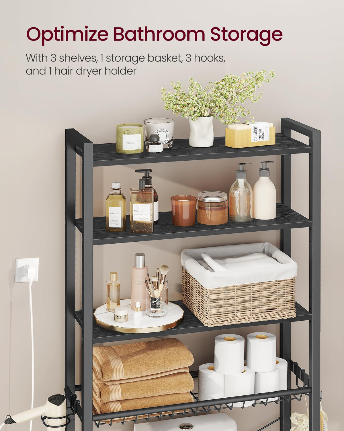 VASAGLE Barnet hair dryer holder keeps styling tools within easy reach.