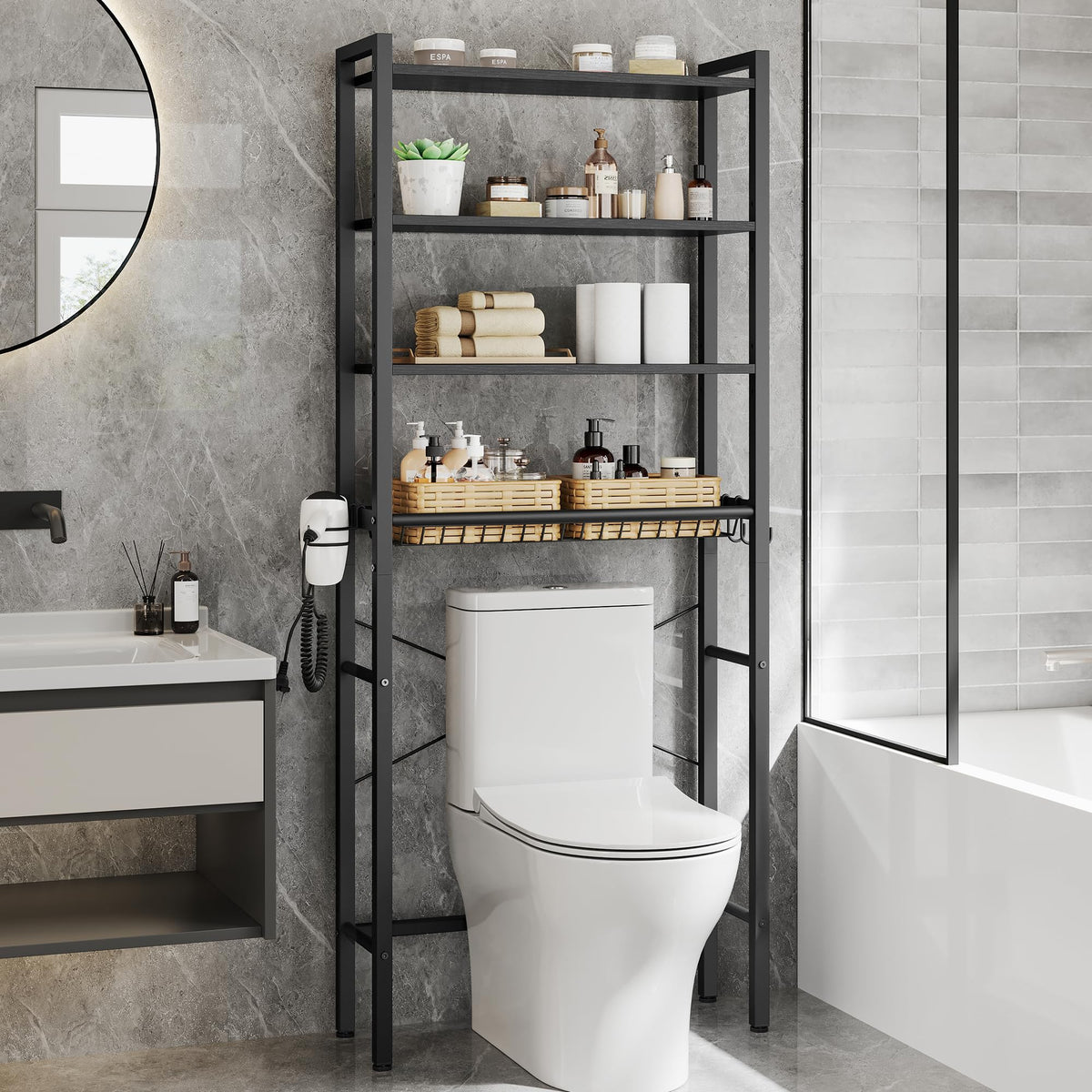 VASAGLE Barnet over-toilet shelf demonstrates space-saving design for clutter-free bathrooms.