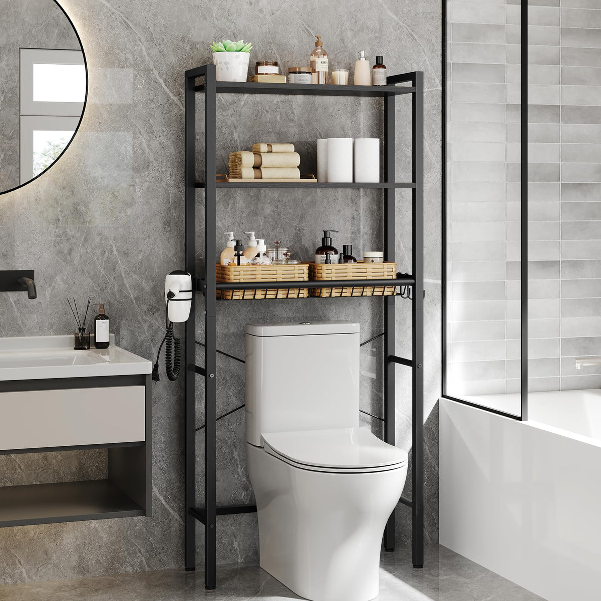 VASAGLE BARNET over-the-toilet storage unit keeps bathroom surfaces tidy.