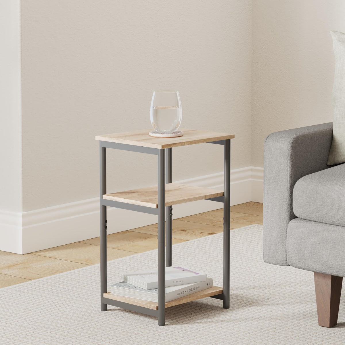 VASAGLE Barnet side table 3-tier storage close-up showing durable shelves for quick organizing.
