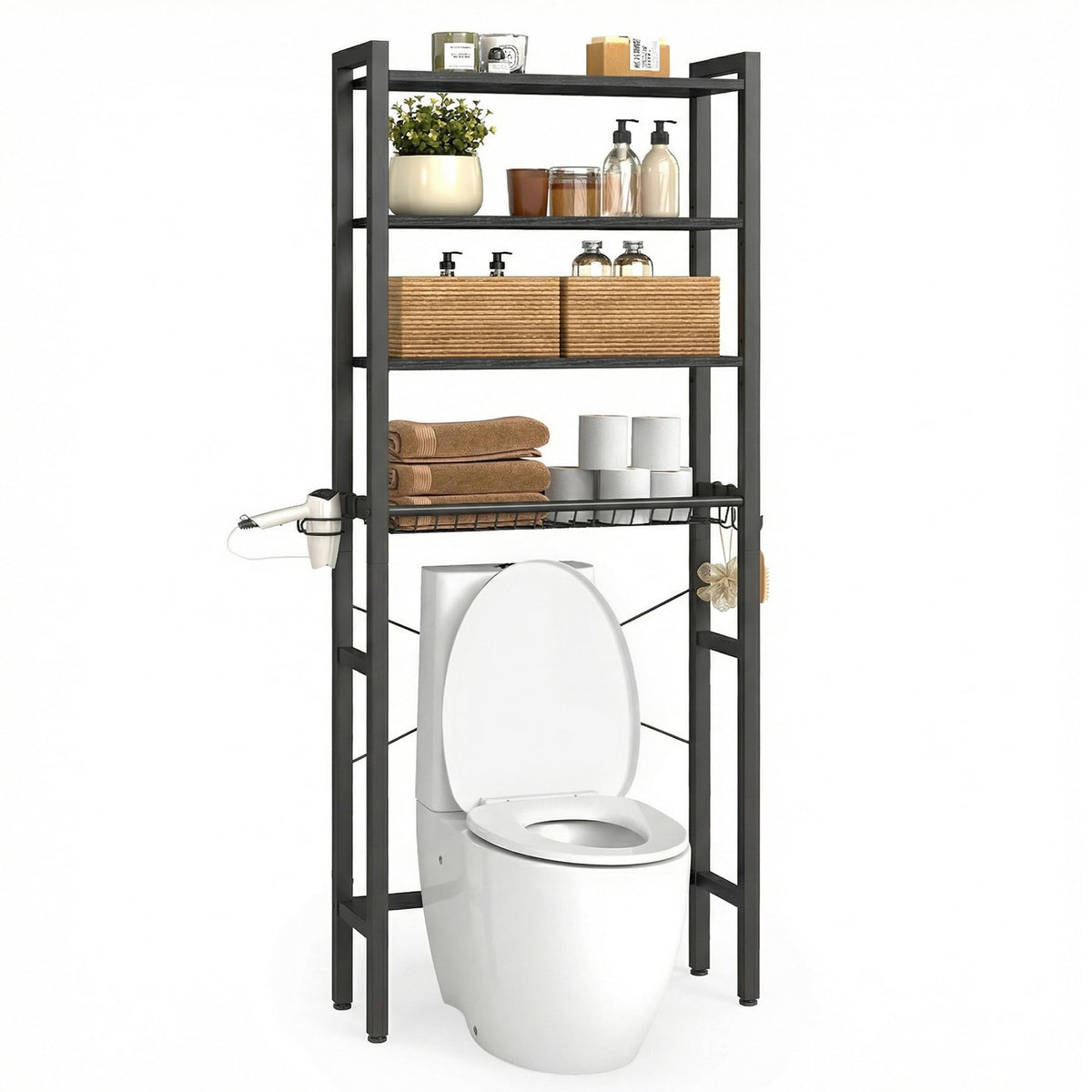 VASAGLE Barnet storage basket and shelves organize towels and toiletries above the toilet.