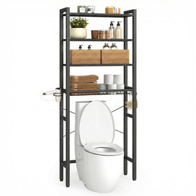 VASAGLE Barnet storage basket and shelves organize towels and toiletries above the toilet.