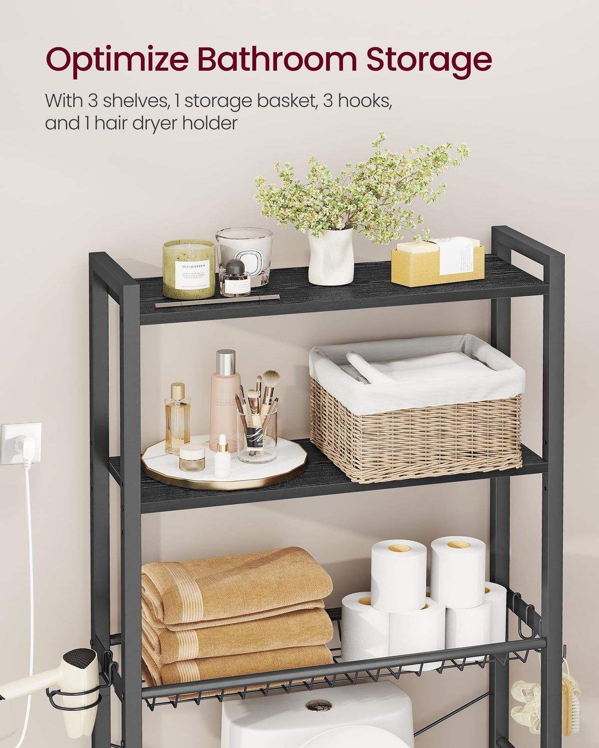 VASAGLE BARNET three hooks hold towels and accessories handy.