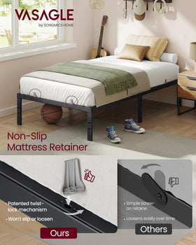 VASAGLE bed frame center support system reduces sag for durable mattress foundation.