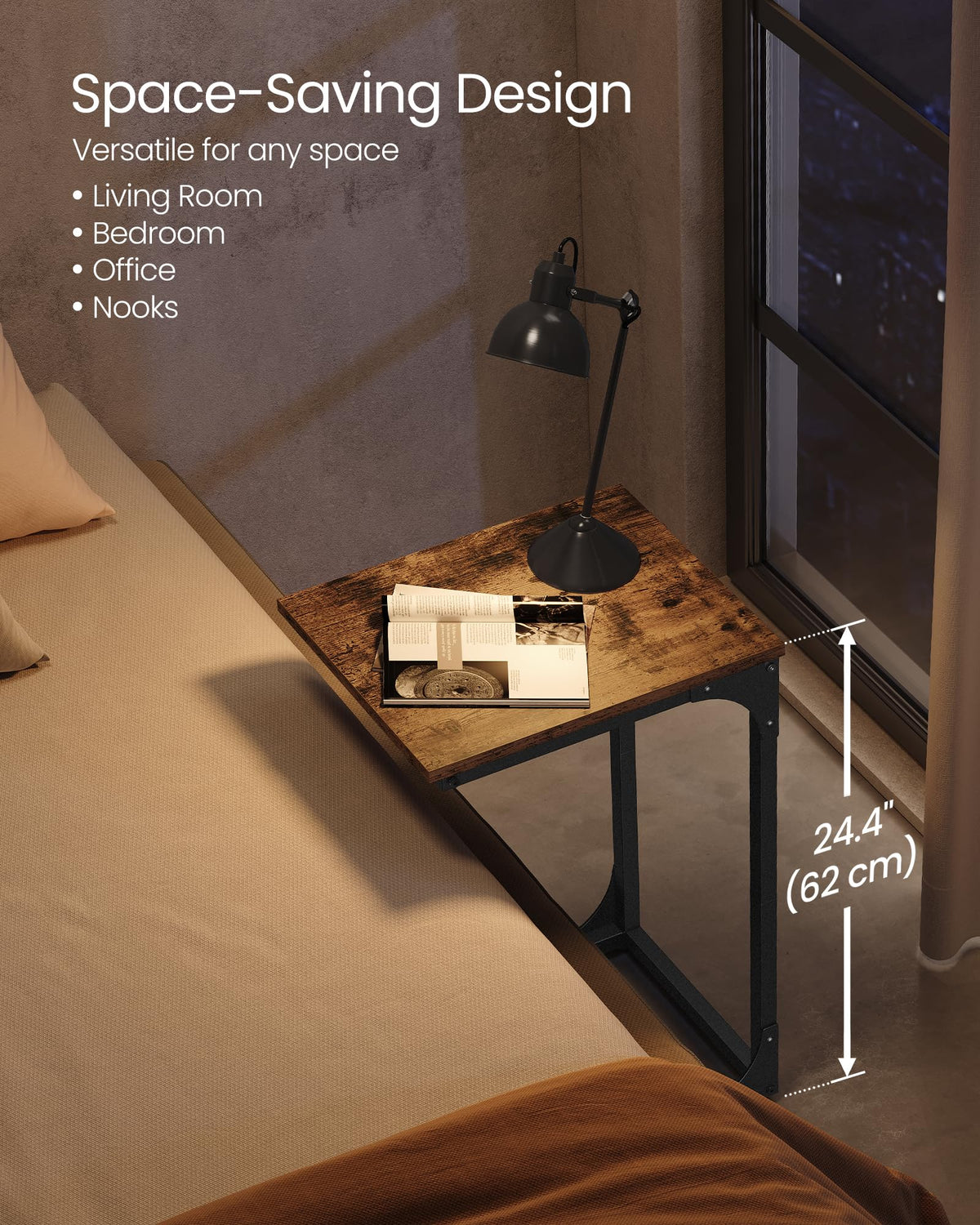 VASAGLE bedside table placed by the bed for lamp and book access