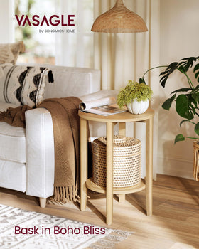 VASAGLE Bedside Table featuring a rattan-look shelf, perfect beside bed for essentials.