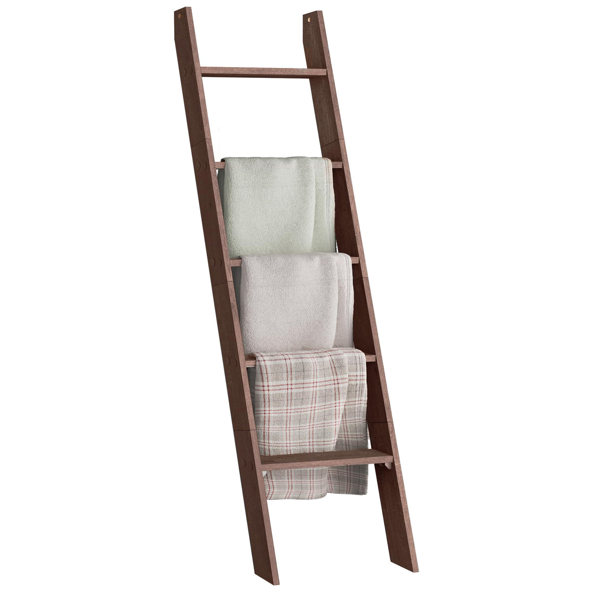 VASAGLE blanket-ladder-5-tier maroon-brown displaying quilts neatly.