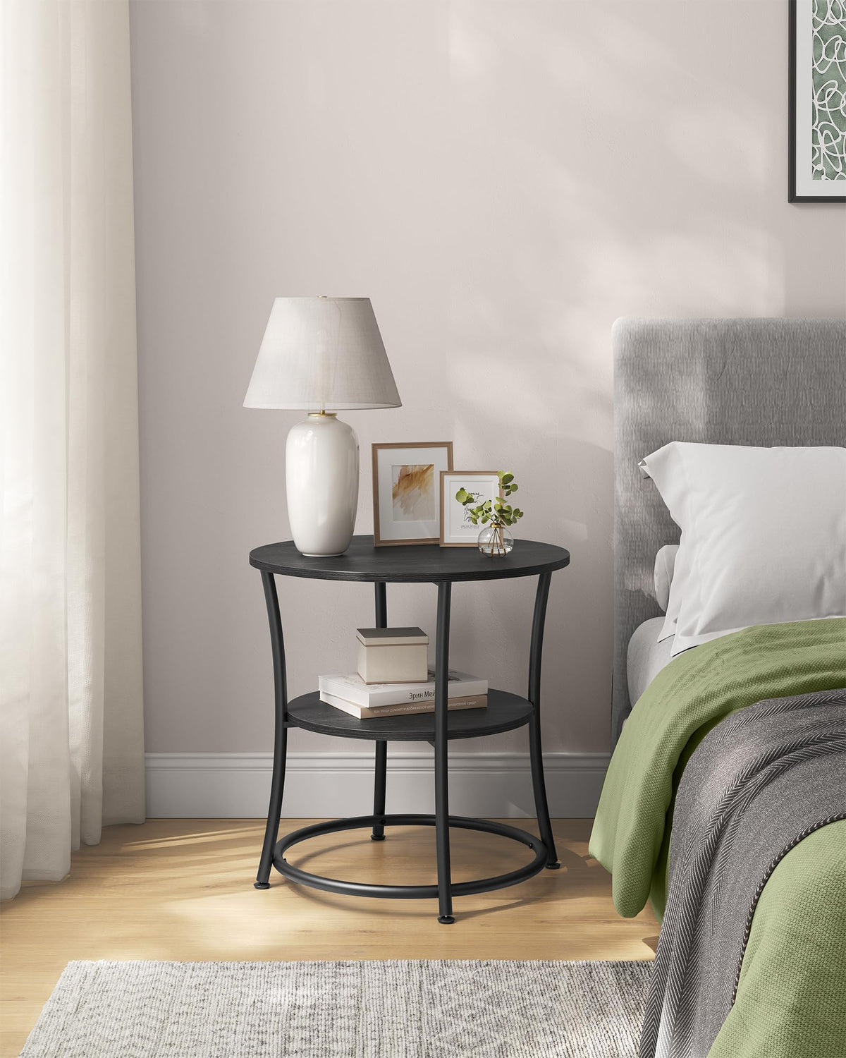 VASAGLE bottom shelf storage in bedroom for extra organization.