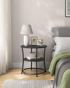 VASAGLE bottom shelf storage in bedroom for extra organization.