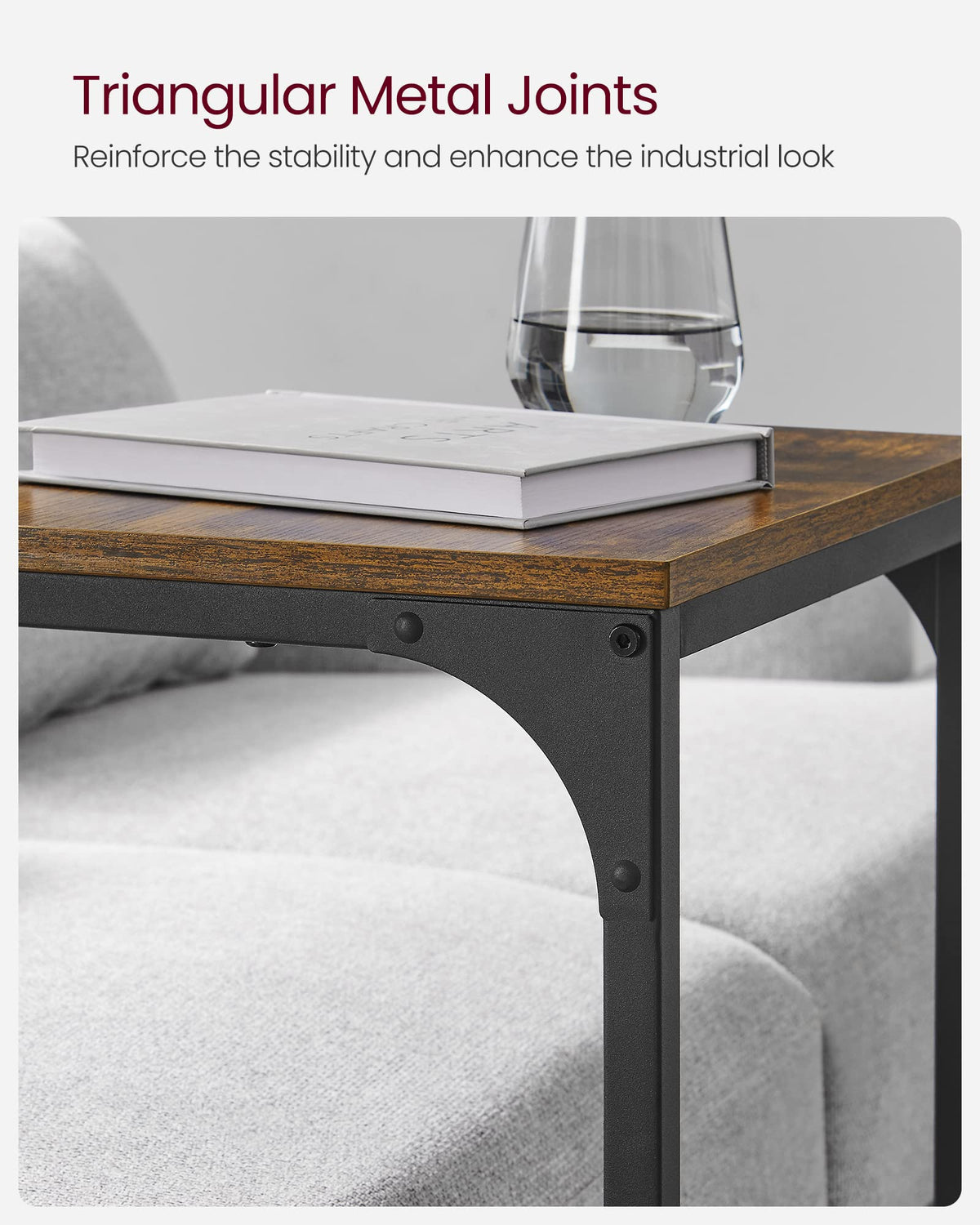 VASAGLE C-Shaped End Table room setup with rustic brown and black finish