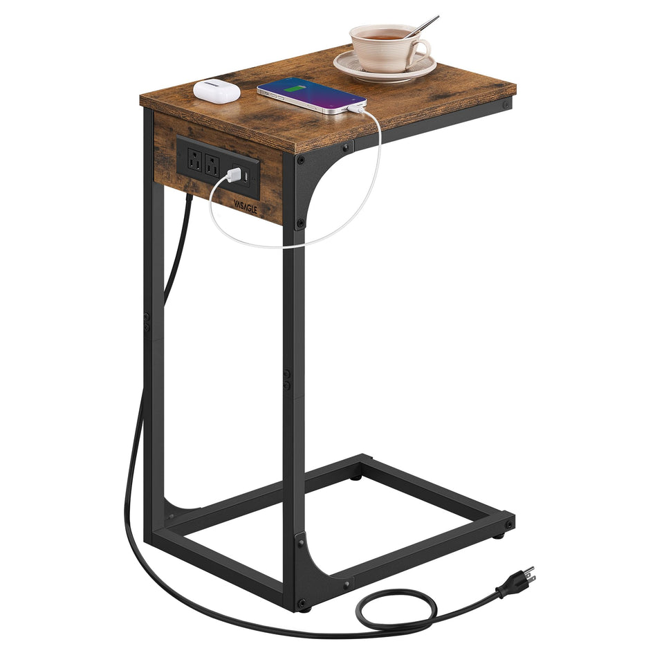 VASAGLE C-shaped side table under sofa, built-in chargers keep your devices powered nearby