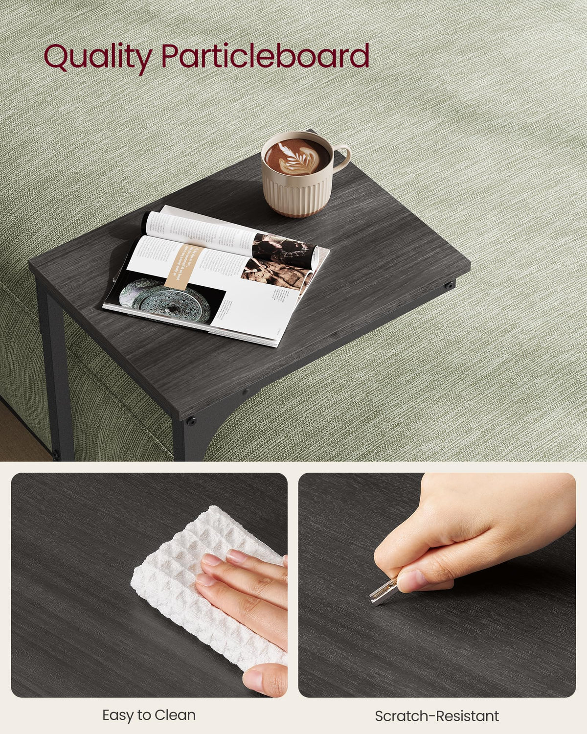 VASAGLE c-shaped table hugging bed or couch for quick snacks or work