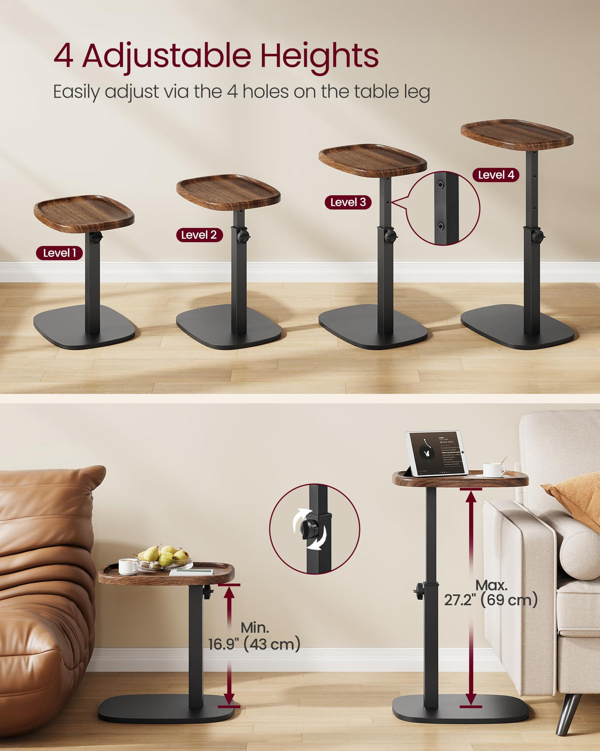 VASAGLE C Side Table rimmed surface prevents spills during use.
