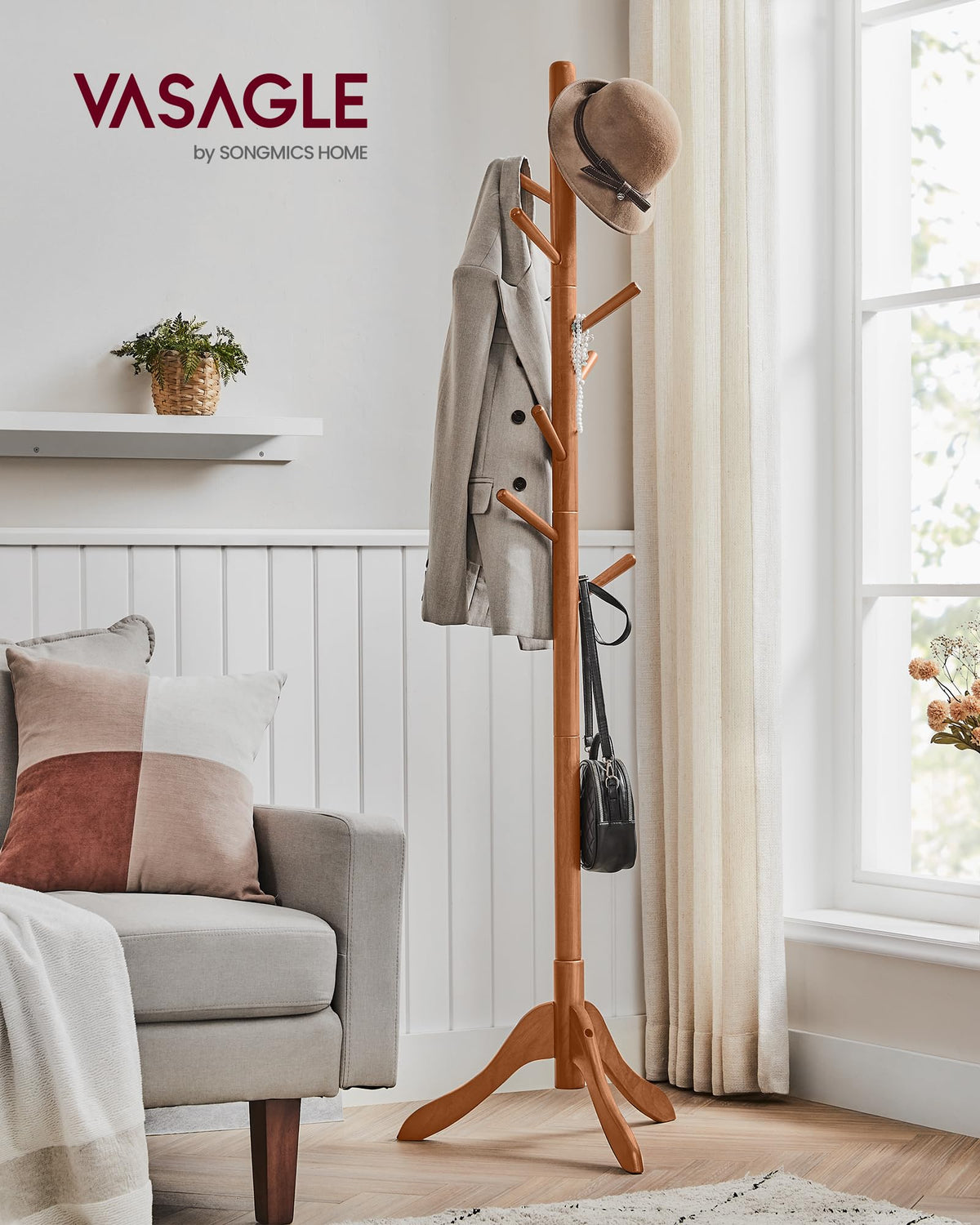 VASAGLE coat rack showing three height options for flexibility