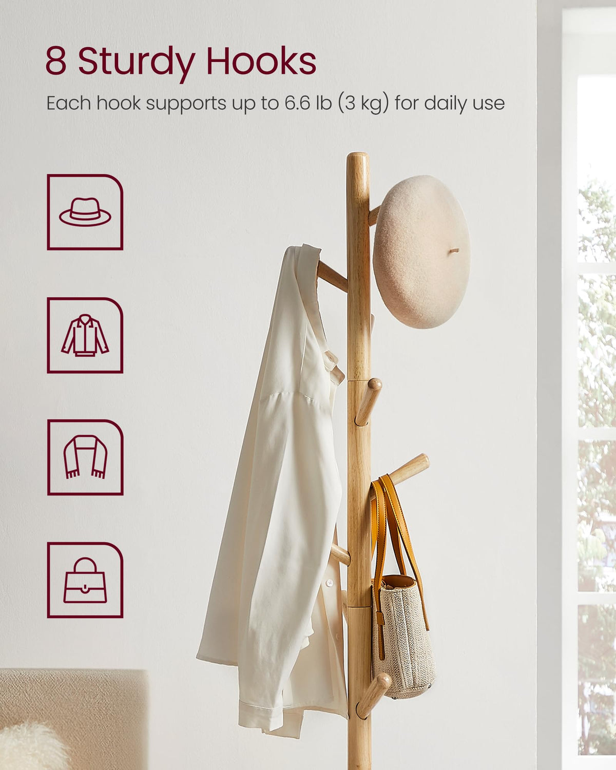 VASAGLE coat rack with 3-height adjustment shown in use.