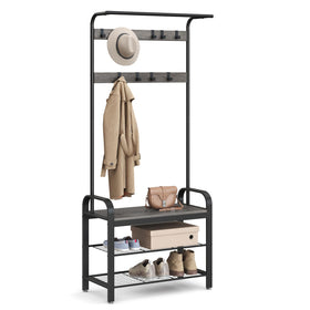 VASAGLE coat rack with shoe bench front view for neat entryway organization.