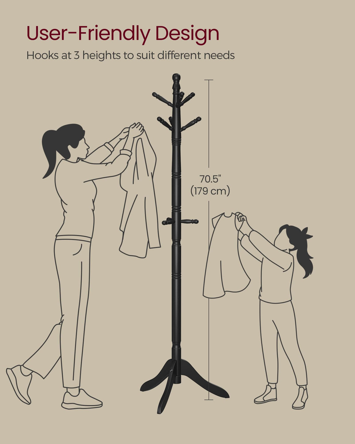 VASAGLE coat tree with rounded hooks supports jackets and bags safely without clutter.