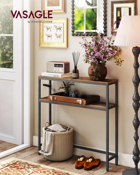 VASAGLE console two-tier shelves angled view highlights organized storage