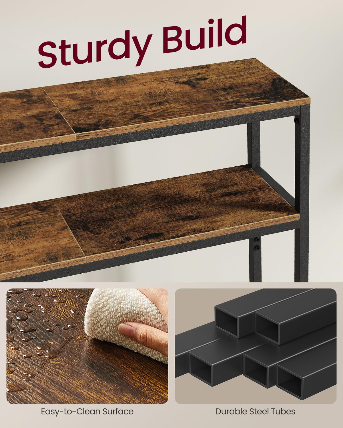 VASAGLE table close-up reveals black frame with rustic brown panels for versatile decor