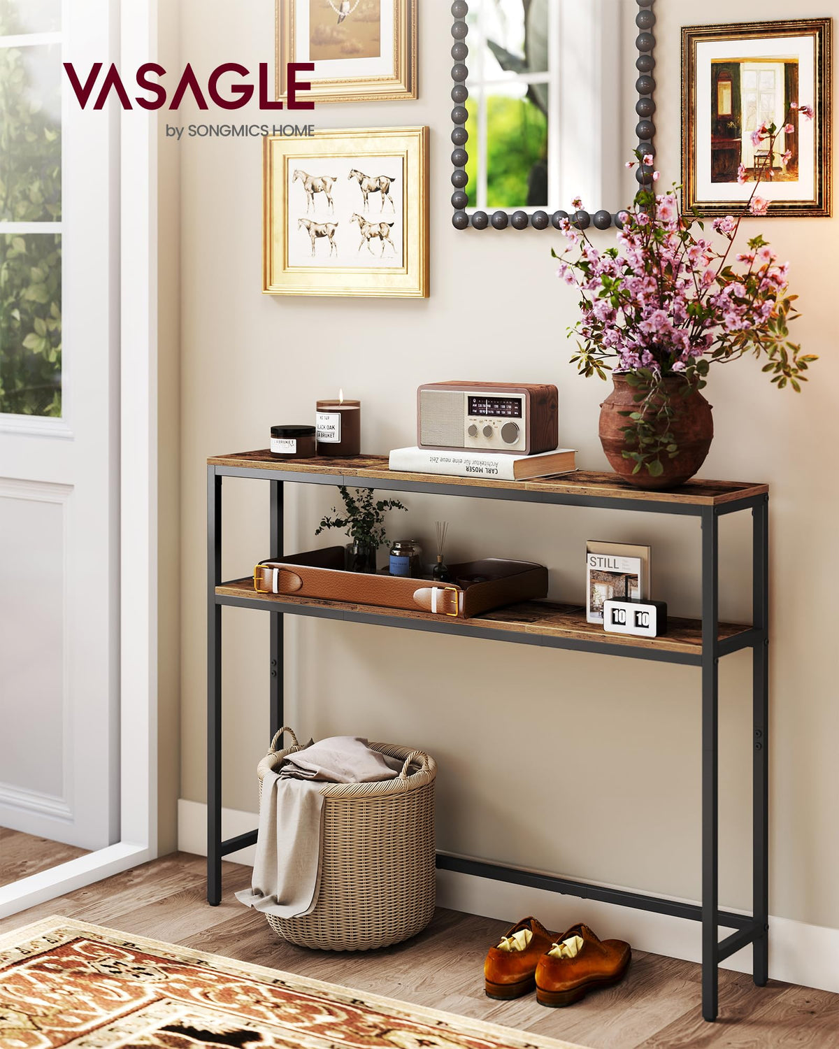 Close-up of the two shelves on the VASAGLE console table for organized daily items